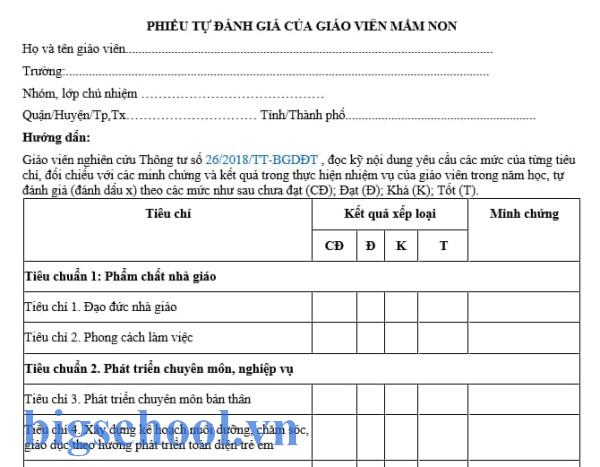 phiếu khảo sát giáo viên mầm non