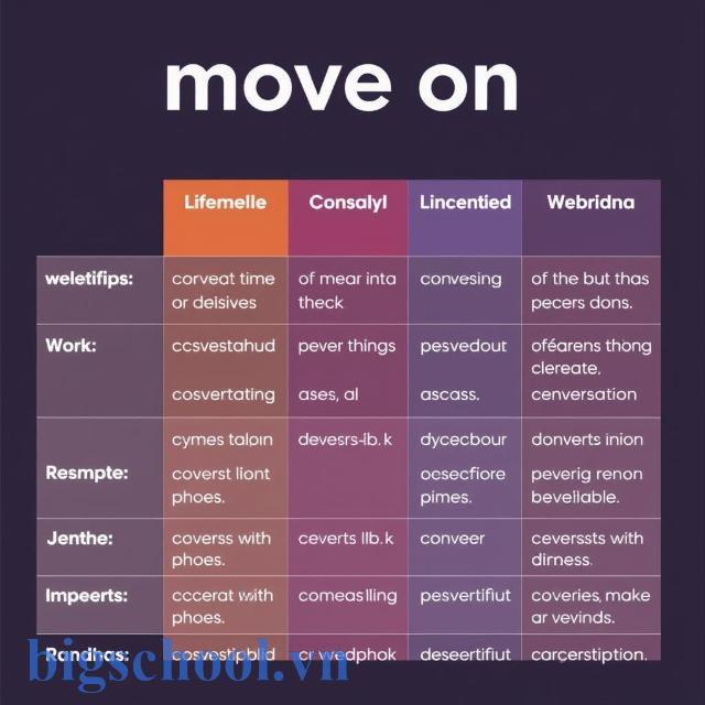 Bảng tổng hợp các nghĩa phổ biến của move on trong các ngữ cảnh khác nhau