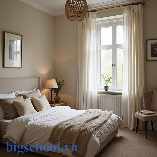 Phòng ngủ ở tầng trên yên tĩnh, minh họa cho tính từ "upstairs"