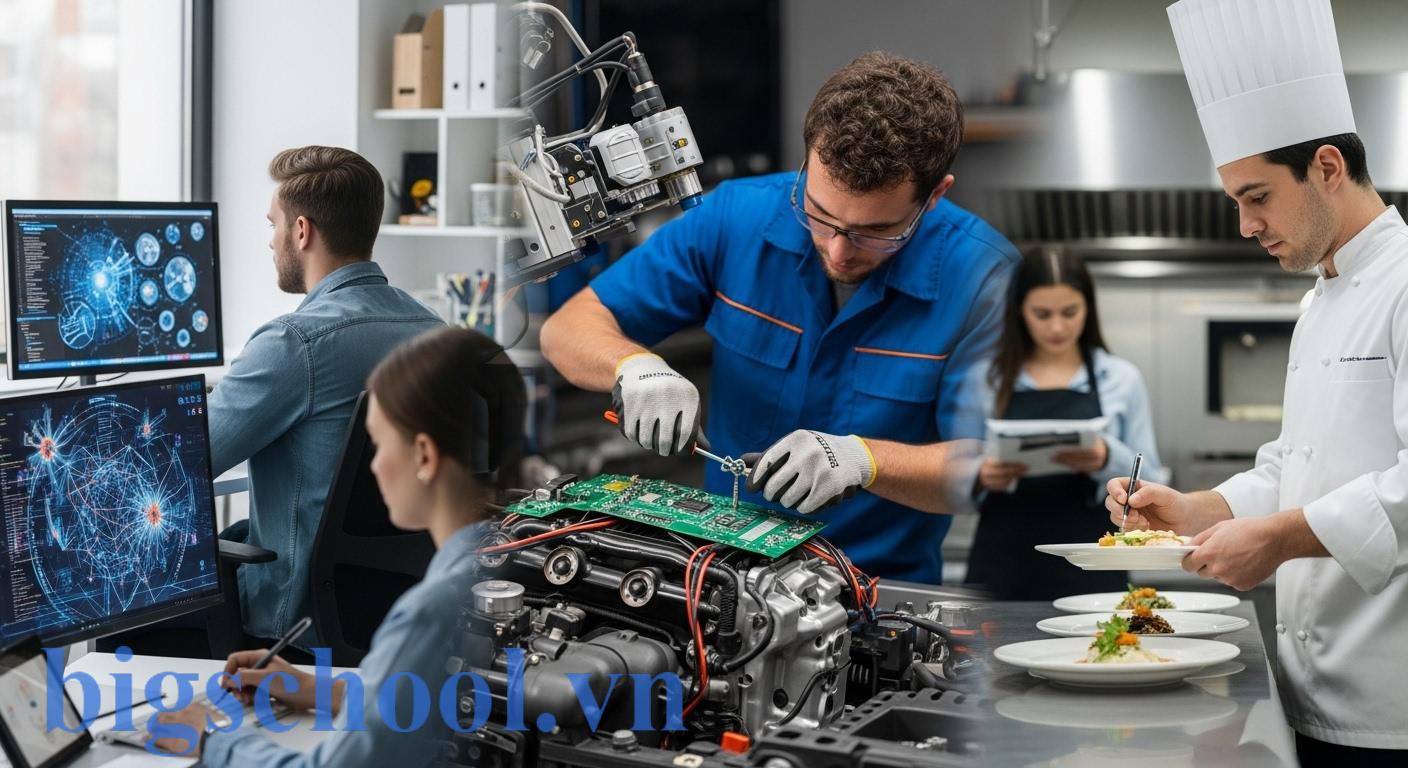 Bức tranh tổng hợp các ngành nghề tiềm năng năm 2025: công nghệ, kỹ thuật, sáng tạo, dịch vụ, mở ra nhiều cơ hội việc làm cho người trẻ.