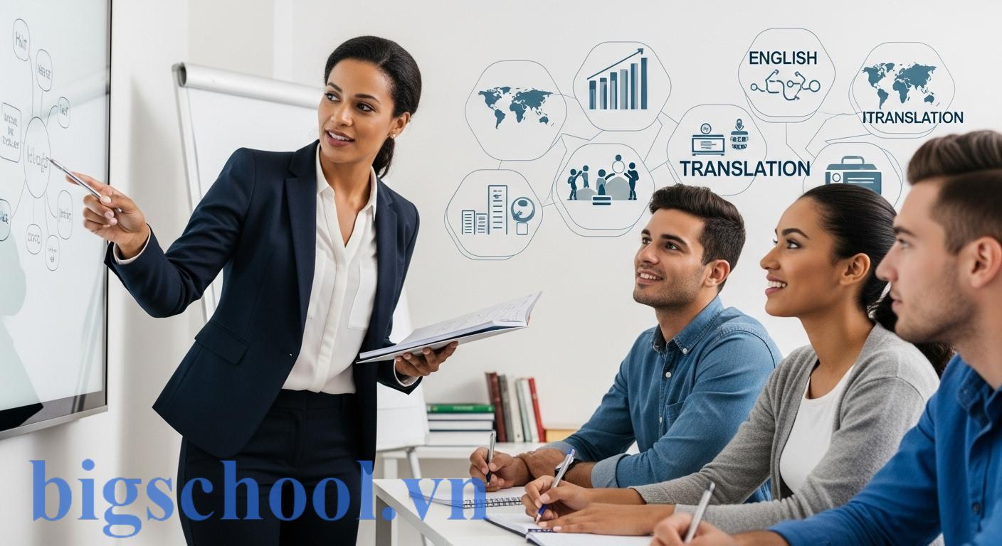 Cô giáo tận tình hướng dẫn sinh viên, tượng trưng cho hành trình thành công và cơ hội nghề nghiệp rộng mở trong ngành Ngôn ngữ Anh.