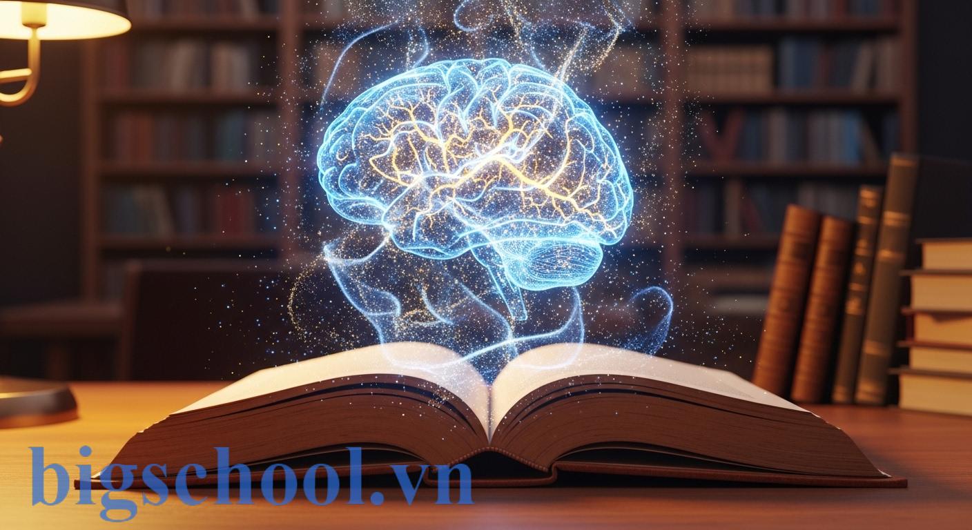 Văn hóa đọc là gì? 3 trụ cột kiến tạo năng lực tự học thời đại số 5 Ảnh minh họa não bộ phát sáng phía trên cuốn sách mở, tượng trưng cho việc đọc sách giúp rèn luyện tư duy và sự sáng tạo.