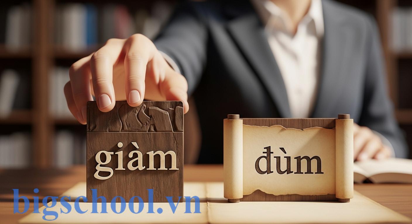 Bàn tay đang chọn giữa hai từ 'giùm' và 'dùm', minh họa sự phân biệt từ đúng chính tả tiếng Việt.