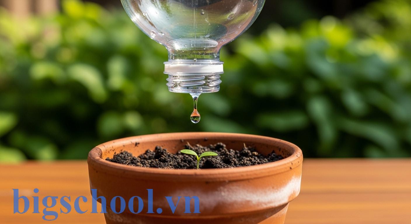 Cận cảnh một hệ thống tưới cây tự động làm từ chai nhựa, minh họa cho một dự án STEM thực tế.