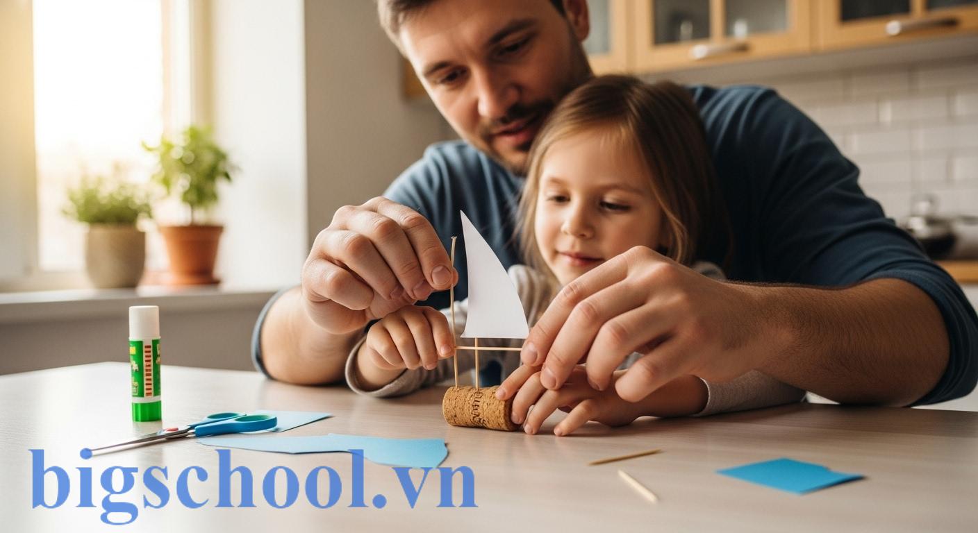 Cha và con gái đang cùng nhau lắp ráp một chiếc thuyền từ vật liệu tái chế tại nhà, thể hiện hoạt động STEM chất lượng.