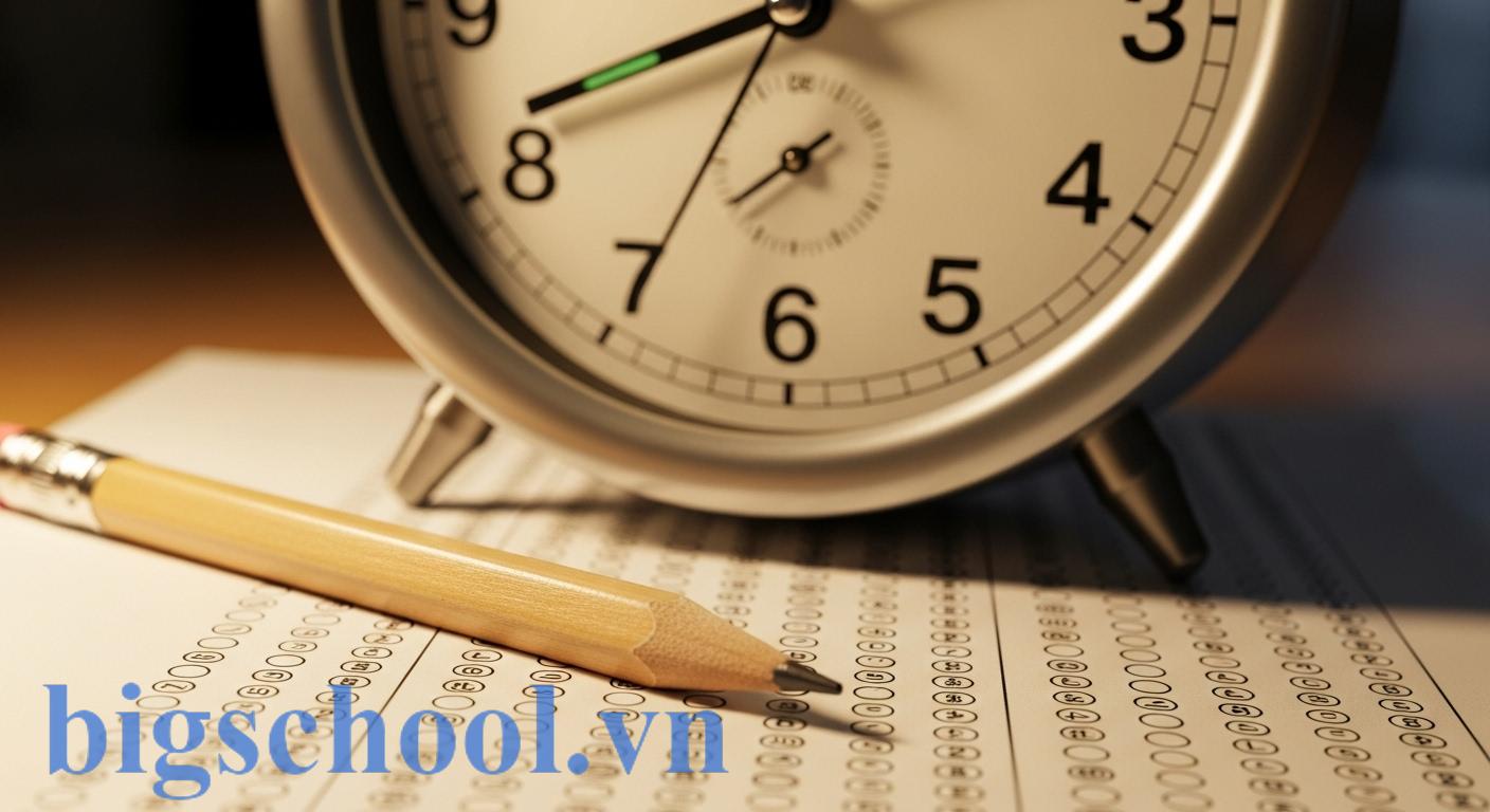 Đồng hồ để bàn và phiếu trả lời trắc nghiệm minh họa cho việc quản lý thời gian làm bài