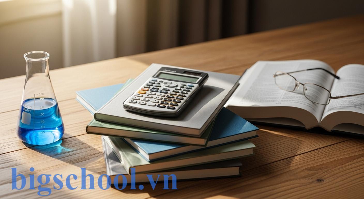 Dụng cụ học tập gồm sách toán, từ điển tiếng Anh và dụng cụ thí nghiệm khoa học trên bàn học gỗ