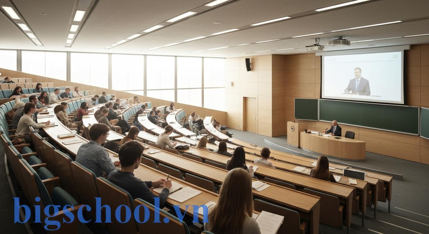 Giảng đường đại học hiện đại với sinh viên đang học và giáo sư thuyết trình.