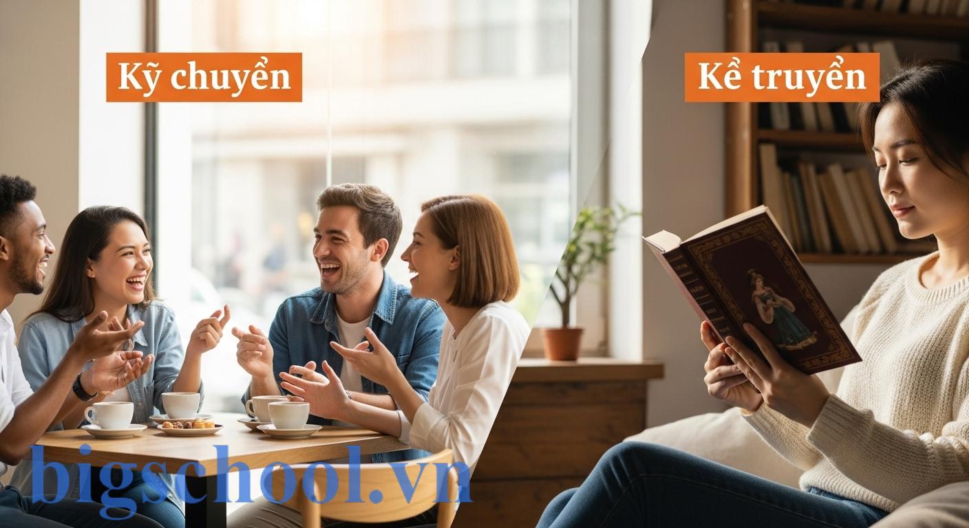 Kể chuyện hay kể truyện? Dùng đúng để tiếng Việt chuẩn 2025 1 Hình ảnh minh họa sự khác biệt giữa kể chuyện đời thường và kể truyện văn học, với một nhóm bạn trò chuyện vui vẻ và một người đang đọc sách.
