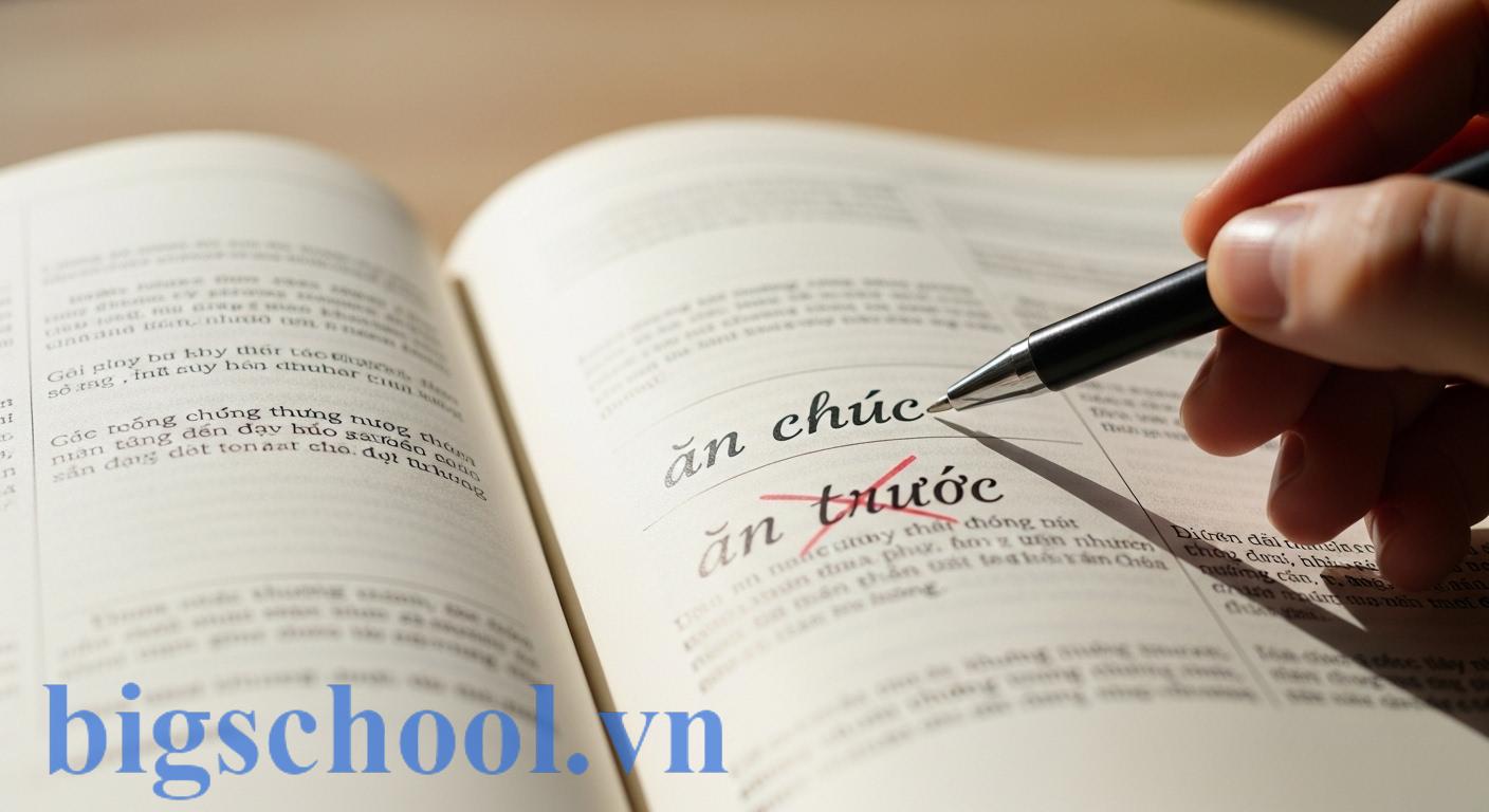 Hình ảnh minh họa sự nhầm lẫn giữa 'ăn chực' và 'ăn trực' trong tiếng Việt, với từ điển và dấu hỏi chấm.