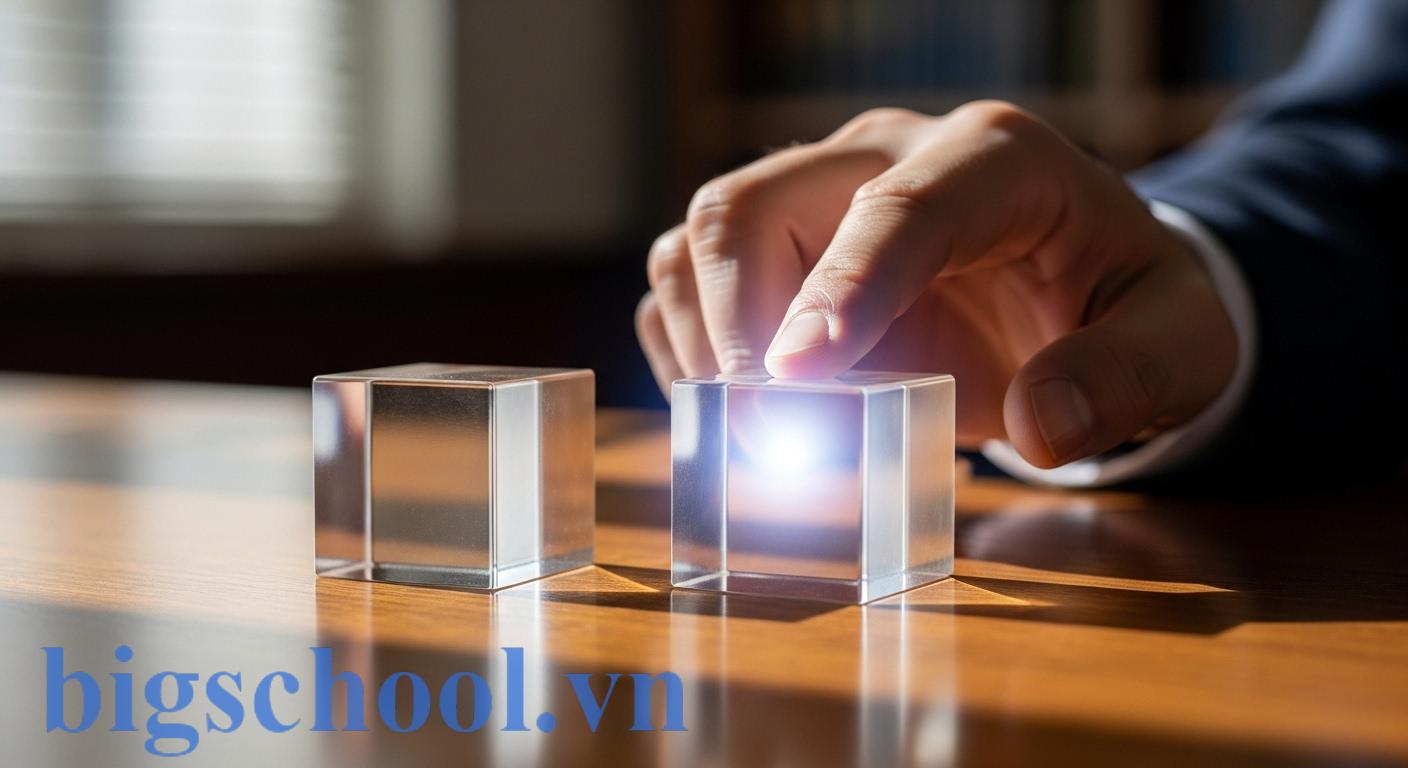 Hình ảnh minh họa sự phân biệt rõ ràng giữa 'vô hình trung' đúng và 'vô hình chung' sai, thể hiện qua hai khối thủy tinh có độ trong suốt khác nhau.