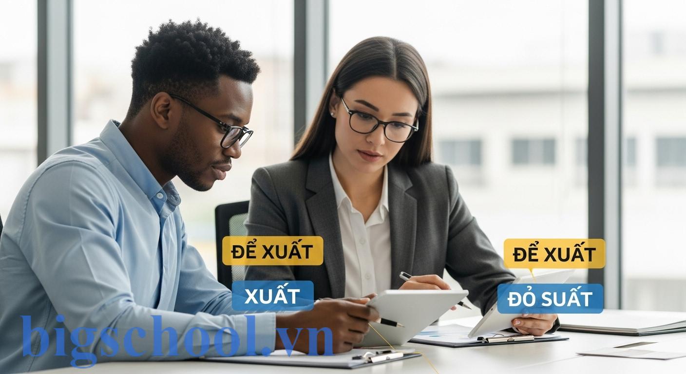 Hình ảnh minh họa việc phân biệt từ 'đề xuất' và 'đề suất' trong tiếng Việt, với hai người đang thảo luận về văn bản hoặc tài liệu, nhấn mạnh sự rõ ràng và chính xác trong giao tiếp chuyên nghiệp.