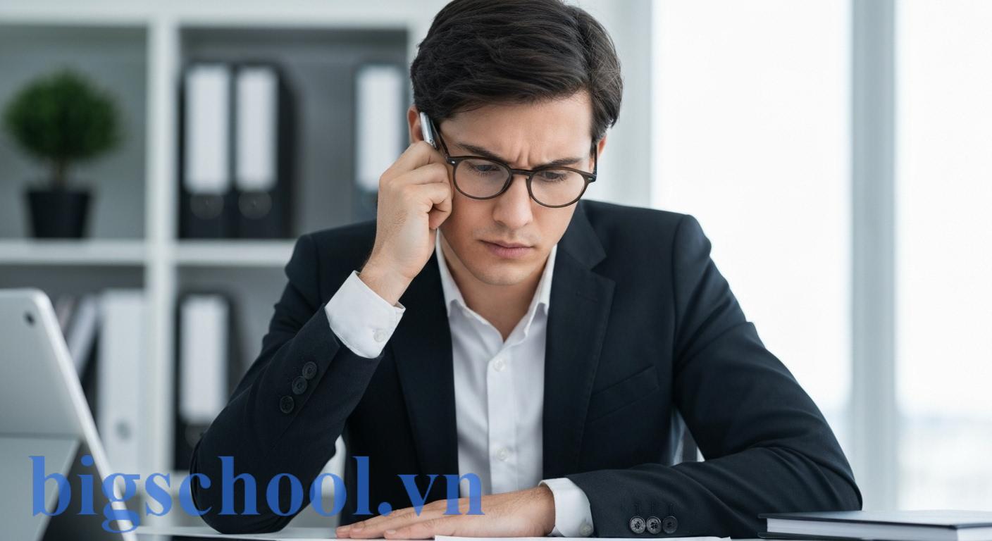 Hình ảnh một người chuyên nghiệp đang xem xét tài liệu với vẻ mặt thất vọng, thể hiện hậu quả của lỗi chính tả trong công việc, nhấn mạnh sự mất uy tín và cơ hội.