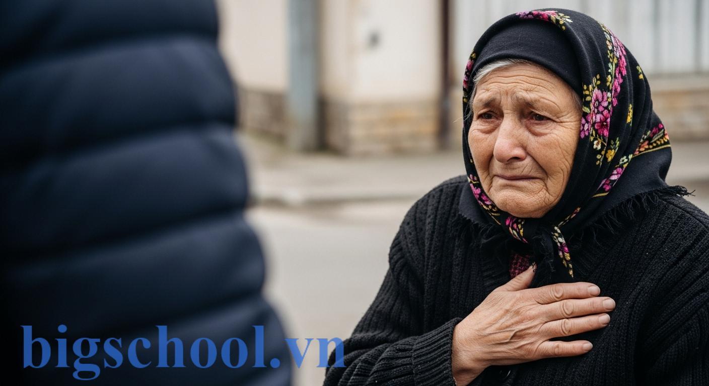 Hình ảnh một người lớn tuổi thể hiện sự đau xót, thương cảm sâu sắc khi nhìn thấy khó khăn của người khác, gương mặt suy tư, tay đặt lên ngực, trong khung cảnh đời thường.