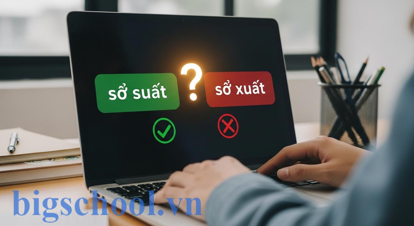 Hình ảnh trực quan minh họa sự nhầm lẫn giữa 'sơ suất' và 'sơ xuất' với hai từ xuất hiện trên màn hình máy tính và một dấu hỏi lớn ở giữa, xung quanh là người đang bối rối.