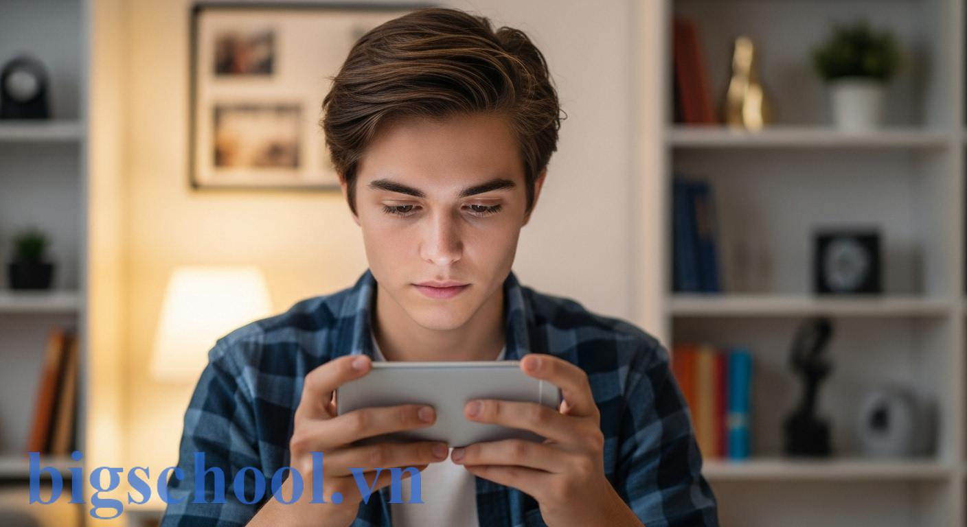 Học sinh đang sử dụng điện thoại thông minh để thao tác đăng ký trên ứng dụng giáo dục