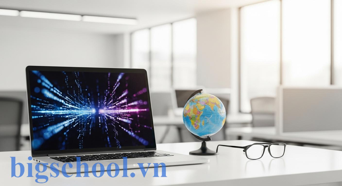 Không gian làm việc hiện đại với máy tính xách tay và các biểu tượng công nghệ số