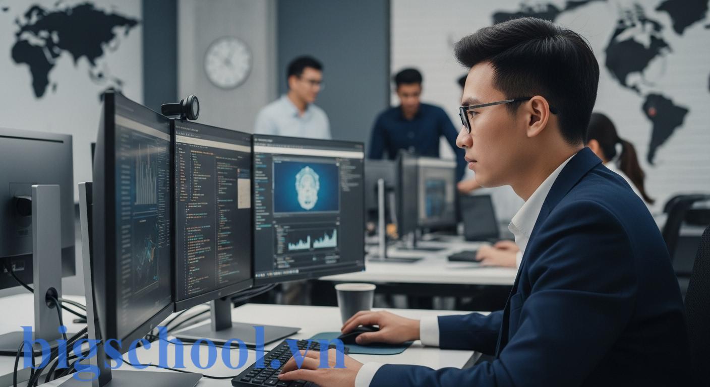 Kỹ sư công nghệ thông tin trẻ đang làm việc với máy tính trong môi trường văn phòng quốc tế hiện đại, thể hiện sự cần thiết của ngoại ngữ.