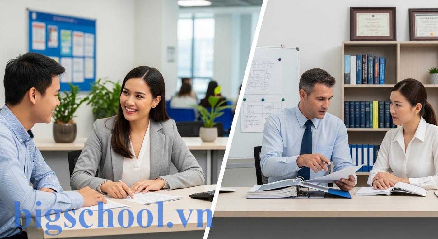 Minh họa sự khác biệt giữa vai trò học vụ tập trung vào học sinh và giáo vụ tập trung vào giáo viên.