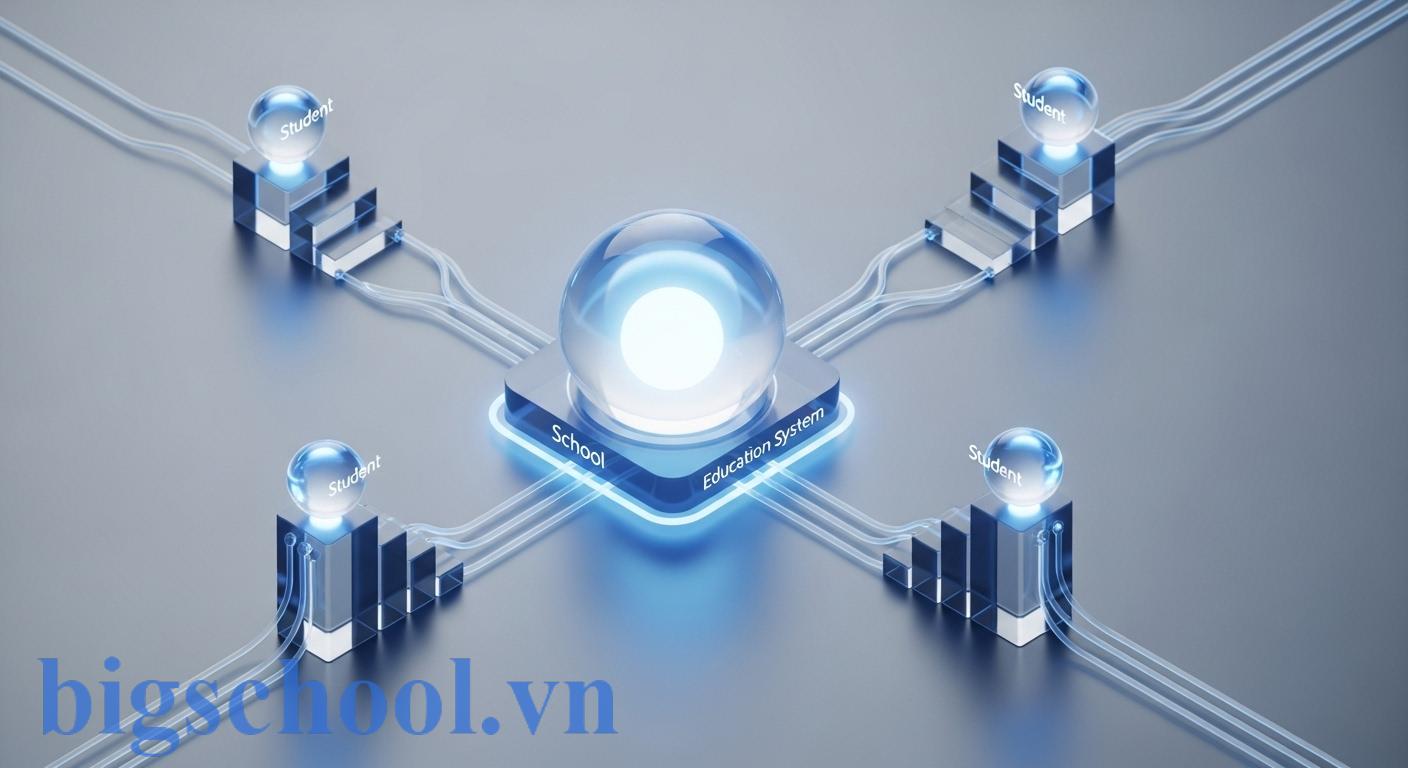 Mô hình 3D trừu tượng thể hiện quy trình kết nối dữ liệu giữa học sinh và hệ thống nhà trường