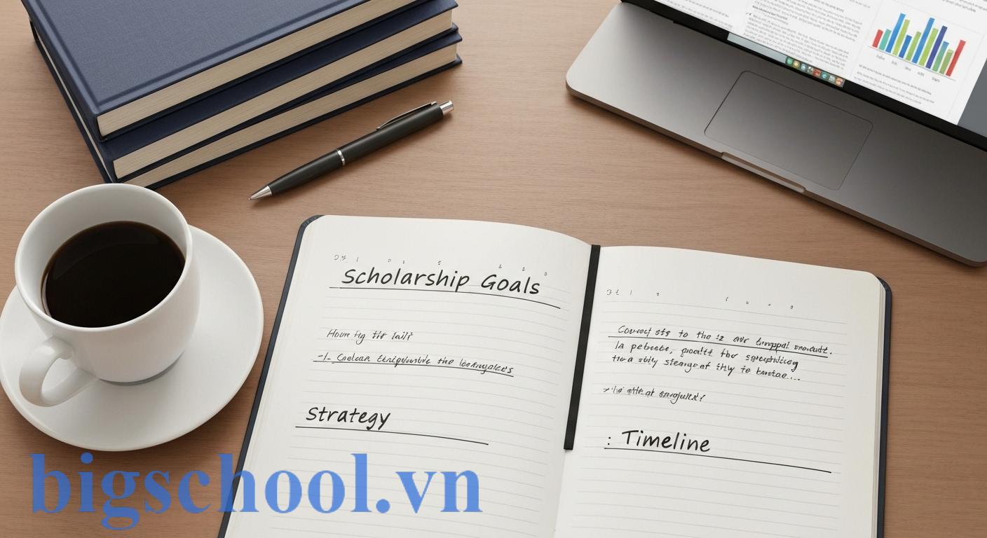 Học bổng toàn phần là gì và giá trị thực sự bạn nhận được 4 Một cuốn sổ tay với các ghi chú về mục tiêu, chiến lược và kế hoạch chuẩn bị hồ sơ du học, cùng với một chiếc bút và ly cà phê, tượng trưng cho quá trình chuẩn bị học bổng toàn phần.