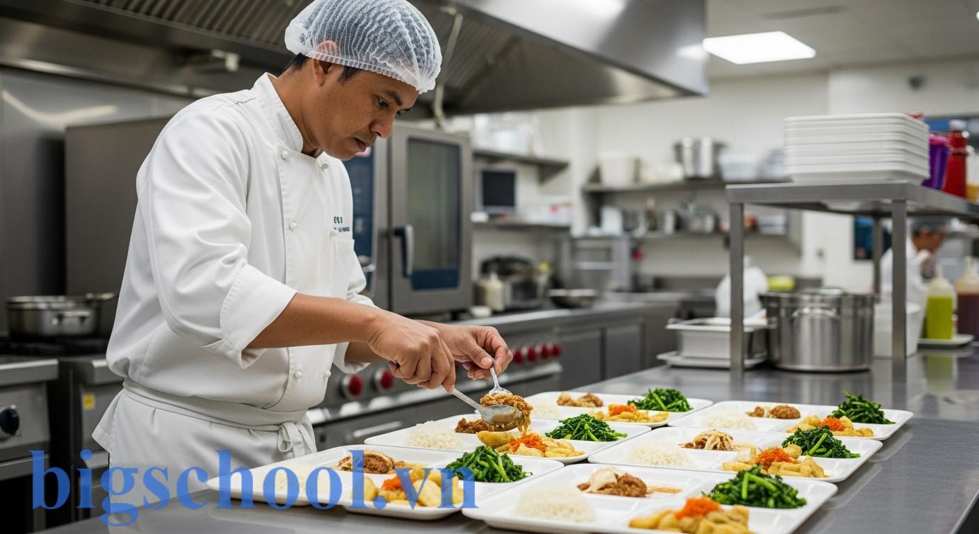 Suất ăn hay xuất ăn: Dùng đúng để chuyên nghiệp 2025 1 Một người đàn ông đang phân chia các phần ăn trên khay trong một bếp ăn công nghiệp sạch sẽ và hiện đại. Các khay thức ăn xếp gọn gàng, thể hiện sự định lượng và chuẩn bị chuyên nghiệp.