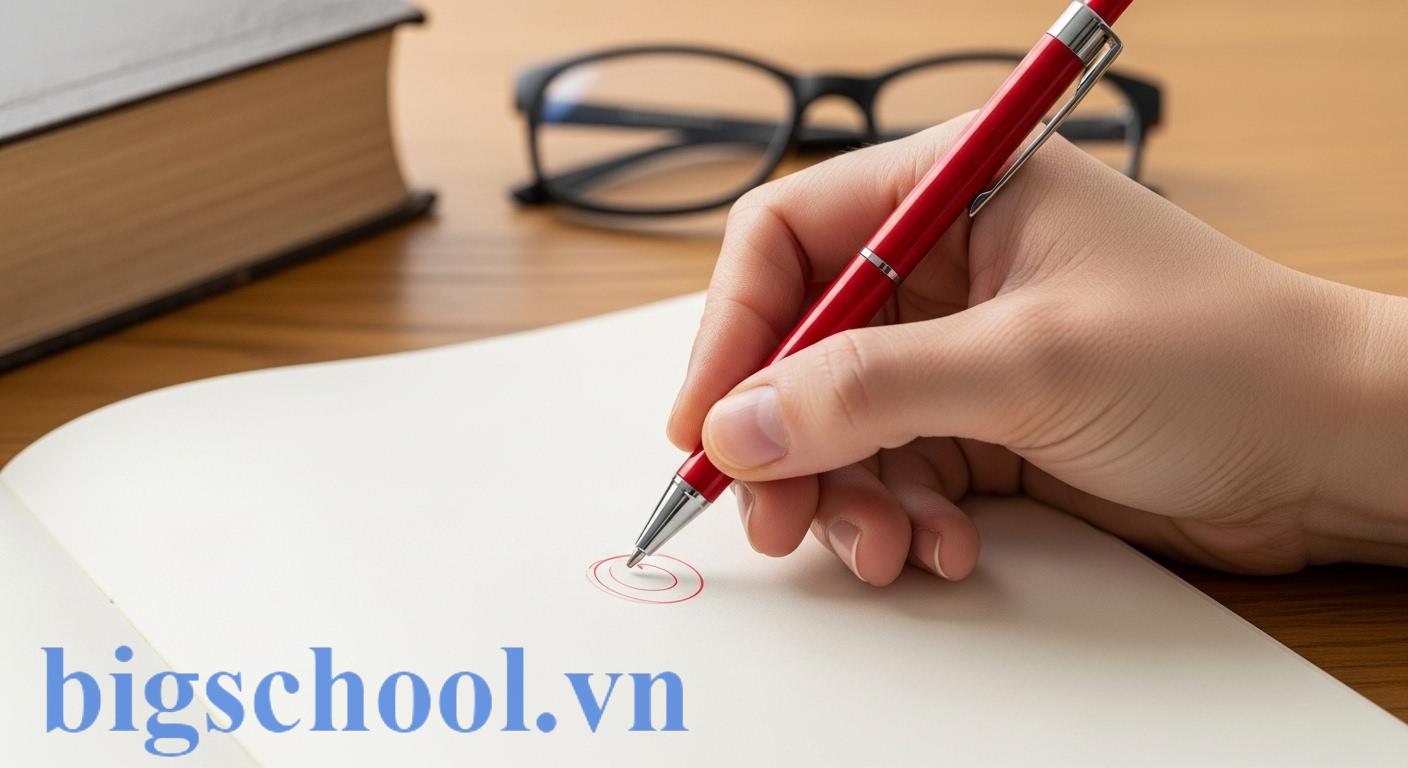 Một người đang cẩn thận dùng bút đỏ khoanh tròn lỗi sai chính tả trong một cuốn sổ tay, minh họa cho việc phân biệt từ đúng và sai.