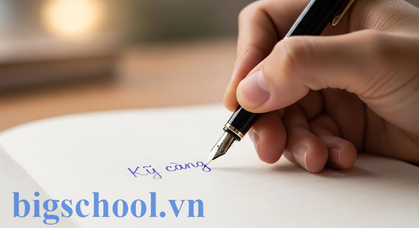 Một người đang cẩn thận viết chữ 'kỹ càng' bằng bút, thể hiện sự chính xác trong tiếng Việt.