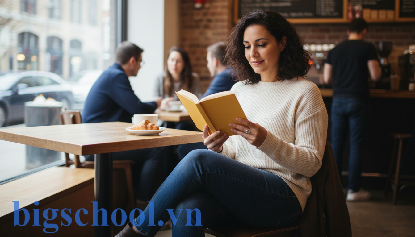 Văn hóa đọc là gì? 3 trụ cột kiến tạo năng lực tự học thời đại số 9 Một người phụ nữ bận rộn đang đọc sách trên tàu điện ngầm hoặc trong thời gian chờ đợi ngắn, thể hiện việc tích hợp thói quen đọc vào cuộc sống hàng ngày.