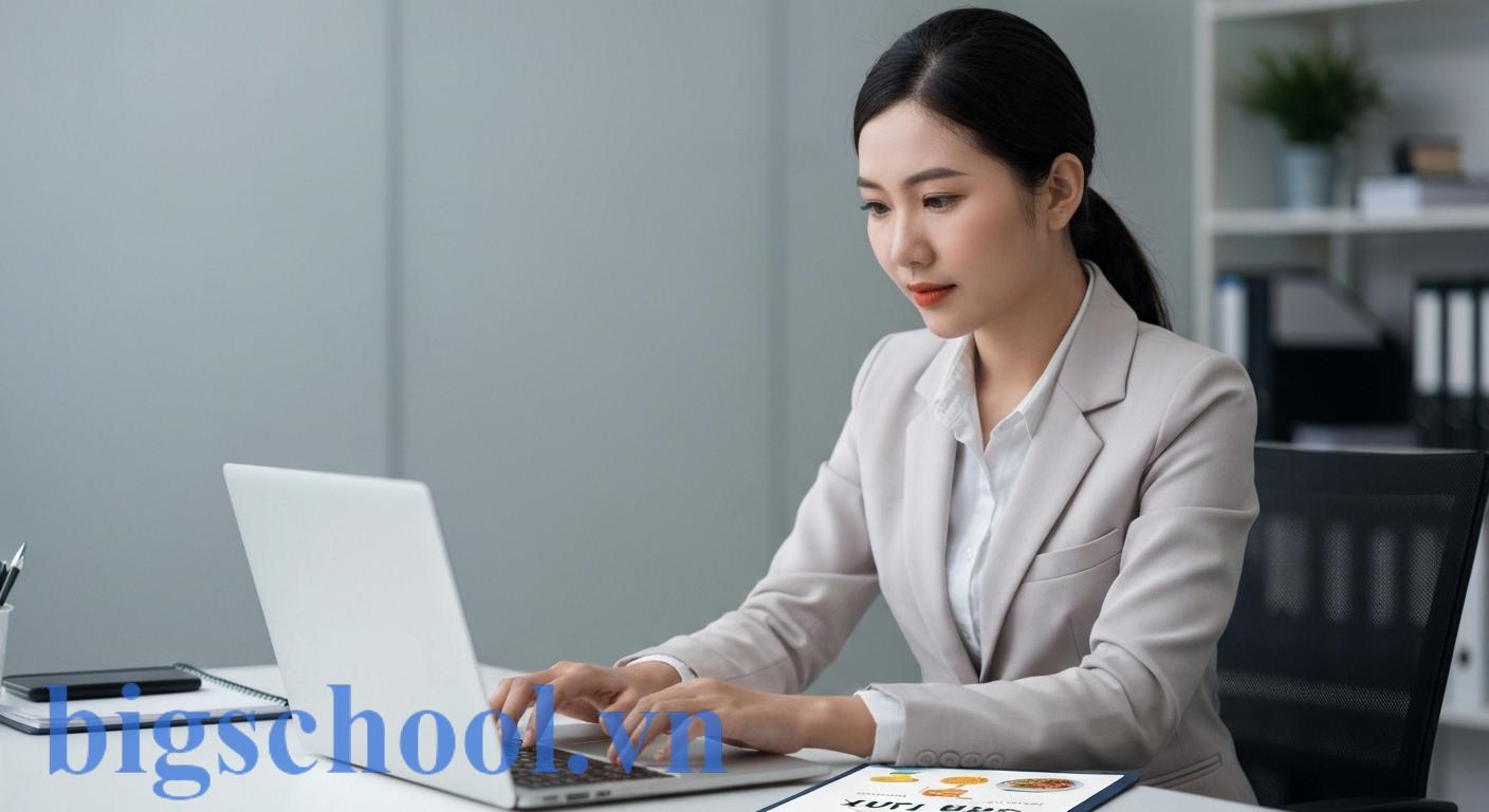 Suất ăn hay xuất ăn: Dùng đúng để chuyên nghiệp 2025 2 mot nguoi phu nu tre dang tu tin go may tinh voi tai lieu ve suat an chuan xac the hien su chuyen nghiep