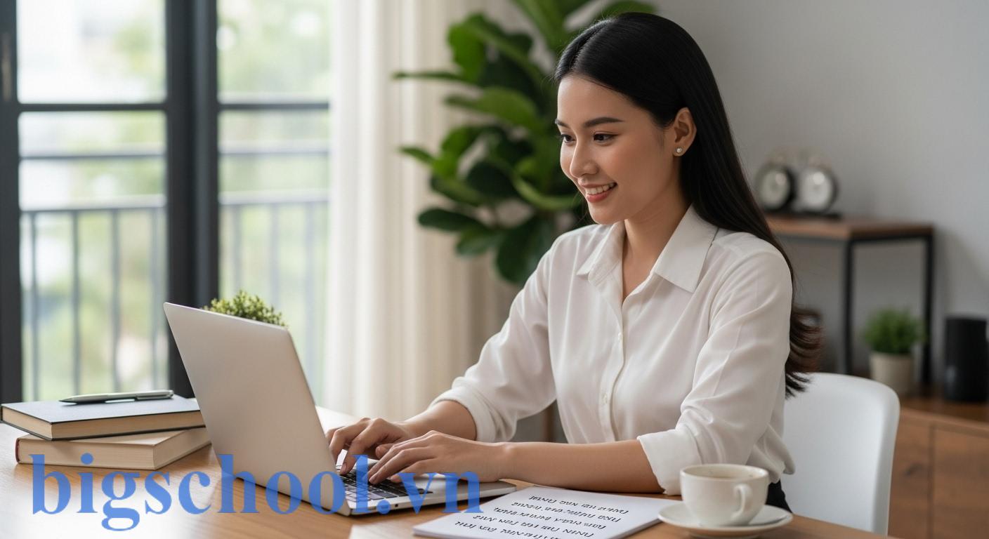 Một người phụ nữ trẻ tuổi đang ngồi tại bàn làm việc, tự tin viết trên máy tính xách tay với biểu cảm hài lòng, xung quanh là sách và tài liệu cho thấy sự am hiểu chính tả tiếng Việt.