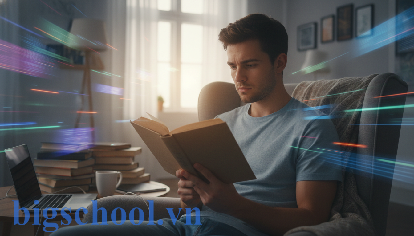 Văn hóa đọc là gì? 3 trụ cột kiến tạo năng lực tự học thời đại số 1 Một người trẻ đang đọc sách chuyên sâu giữa một không gian đầy thông tin số và tin tức lướt nhanh, tượng trưng cho sự tập trung vào tri thức thực sự.