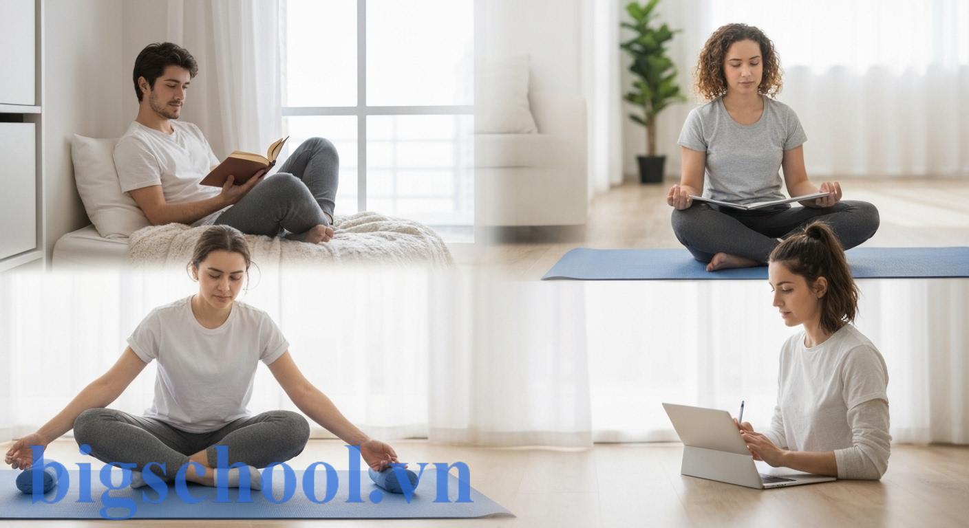 Rảnh hay rãnh: Phân biệt, tránh lỗi & khai thác "kho báu" 5 Một người trẻ tận dụng thời gian rảnh rỗi để đọc sách, tập thể dục và học online, thể hiện lối sống cân bằng và phát triển bản thân.