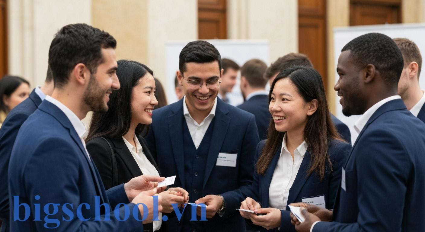 Học bổng toàn phần là gì và giá trị thực sự bạn nhận được 2 Một nhóm sinh viên đa quốc gia đang tương tác chuyên nghiệp trong một sự kiện kết nối, tượng trưng cho lợi ích mạng lưới và cơ hội sự nghiệp toàn cầu từ học bổng.