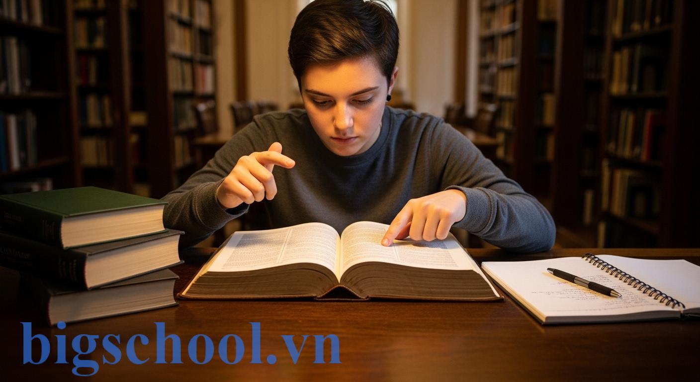 Một sinh viên đang chăm chú nghiên cứu từ điển Hán-Việt cổ, biểu tượng cho việc tìm hiểu sâu gốc rễ ngôn ngữ để tránh lỗi chính tả.