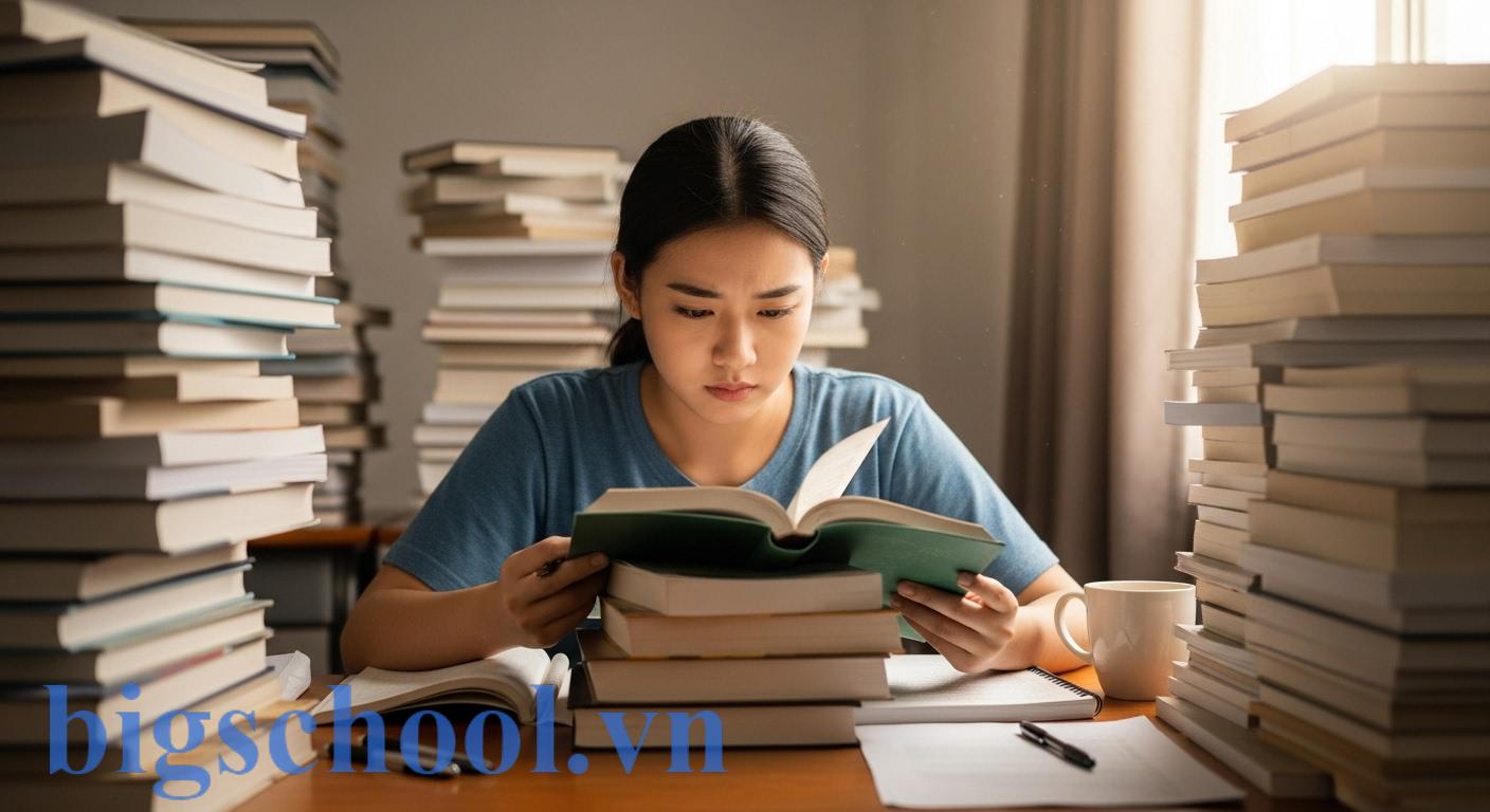 Học tủ là gì? 5 rủi ro khiến sĩ tử trượt oan năm 2026 1 Một sinh viên đang chọn lọc vài cuốn sách từ một chồng sách lớn, tượng trưng cho phương pháp học tủ đầy rủi ro.