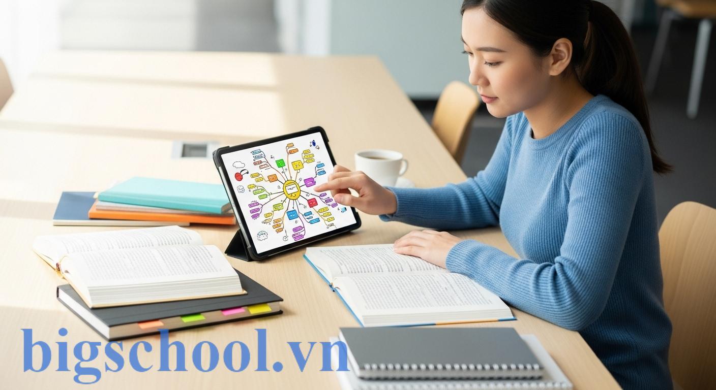 Học tủ là gì? 5 rủi ro khiến sĩ tử trượt oan năm 2026 5 Một sinh viên đang sử dụng sơ đồ tư duy trên máy tính bảng với nhiều màu sắc, minh họa việc học trọng tâm và hệ thống hóa kiến thức hiệu quả.
