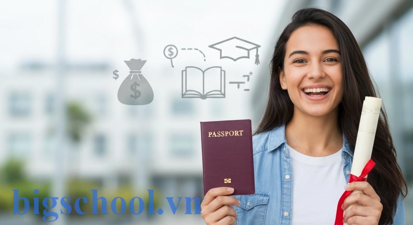 Học bổng toàn phần là gì và giá trị thực sự bạn nhận được 1 Một sinh viên quốc tế mỉm cười, cầm hộ chiếu và bằng đại học, phía sau là các biểu tượng tài chính và giáo dục, thể hiện sự hỗ trợ toàn diện của học bổng toàn phần.