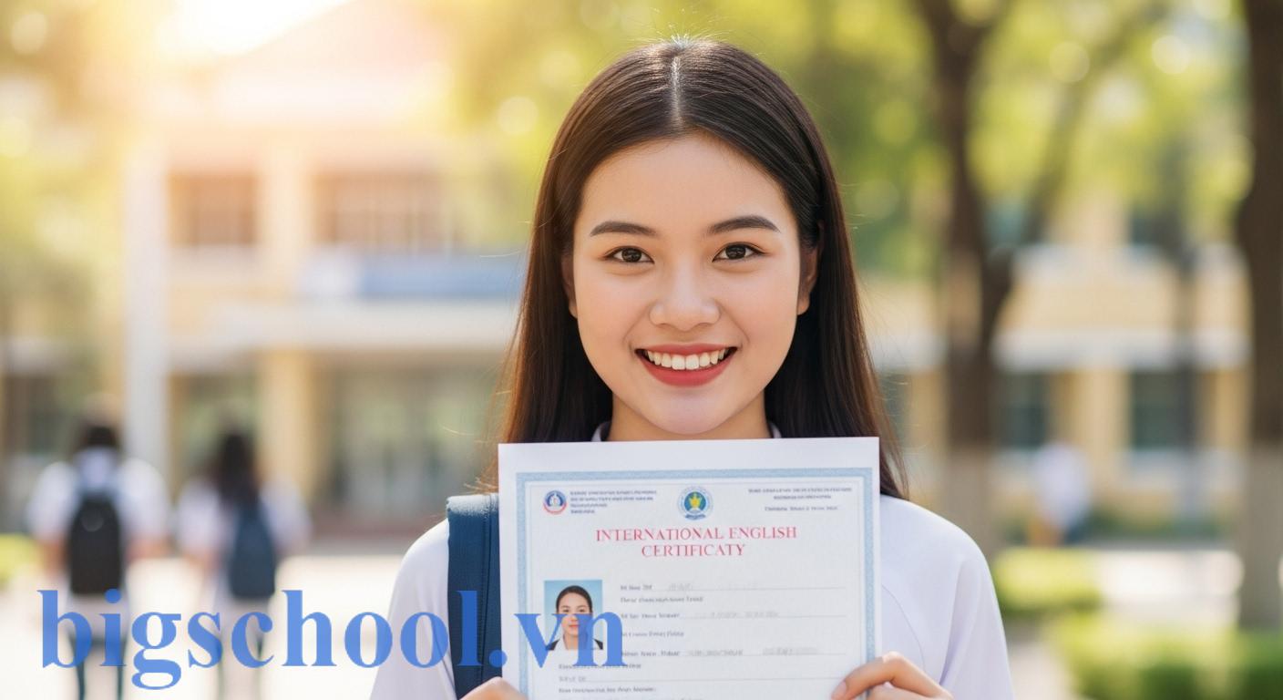 Một sinh viên Việt Nam vui vẻ cầm chứng chỉ IELTS, tượng trưng cho lợi thế xét tuyển đại học và cơ hội học tập quốc tế.