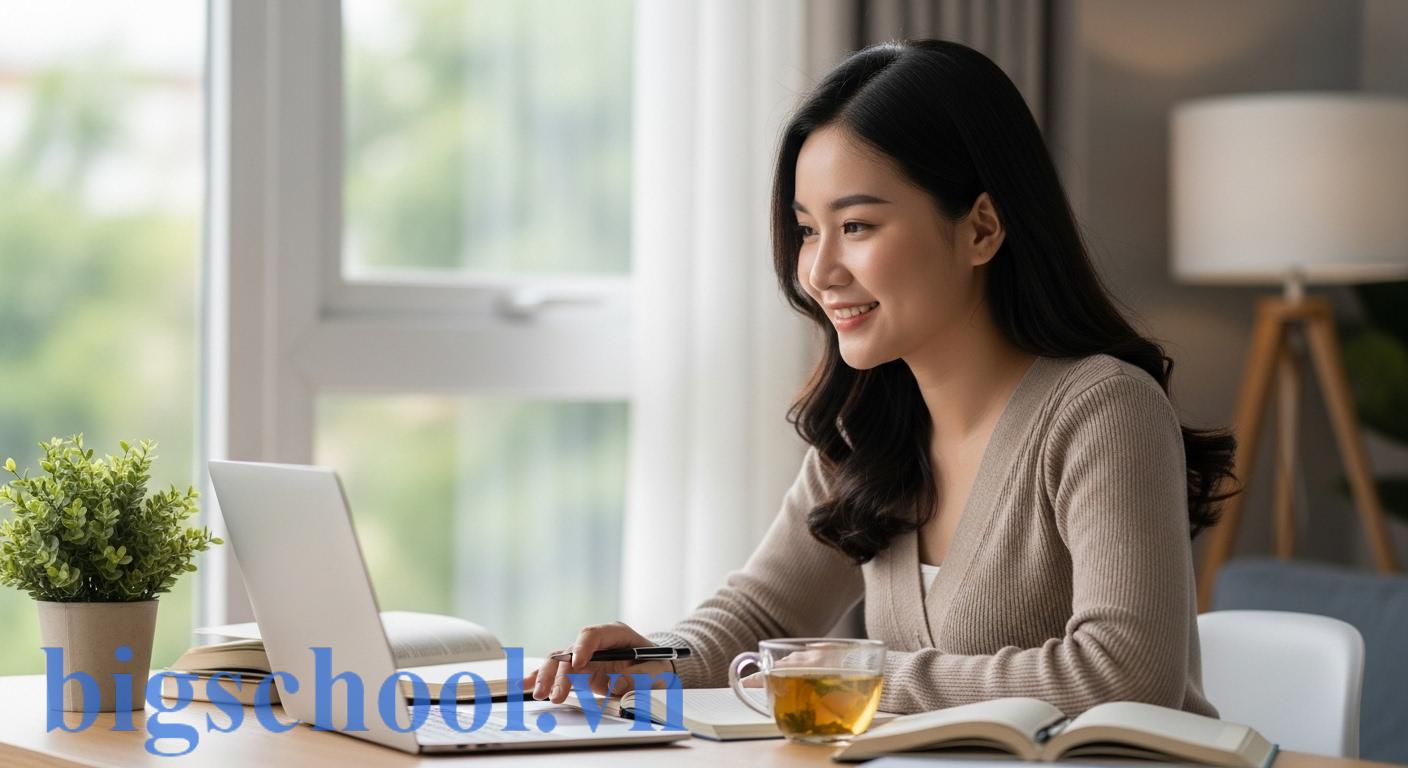 Rảnh hay rãnh: Phân biệt, tránh lỗi & khai thác "kho báu" 4 Người phụ nữ trẻ đang làm việc hiệu quả với laptop trong thời gian rảnh rỗi, xung quanh là sách và cây xanh, tượng trưng cho sự phát triển bản thân và thư giãn.