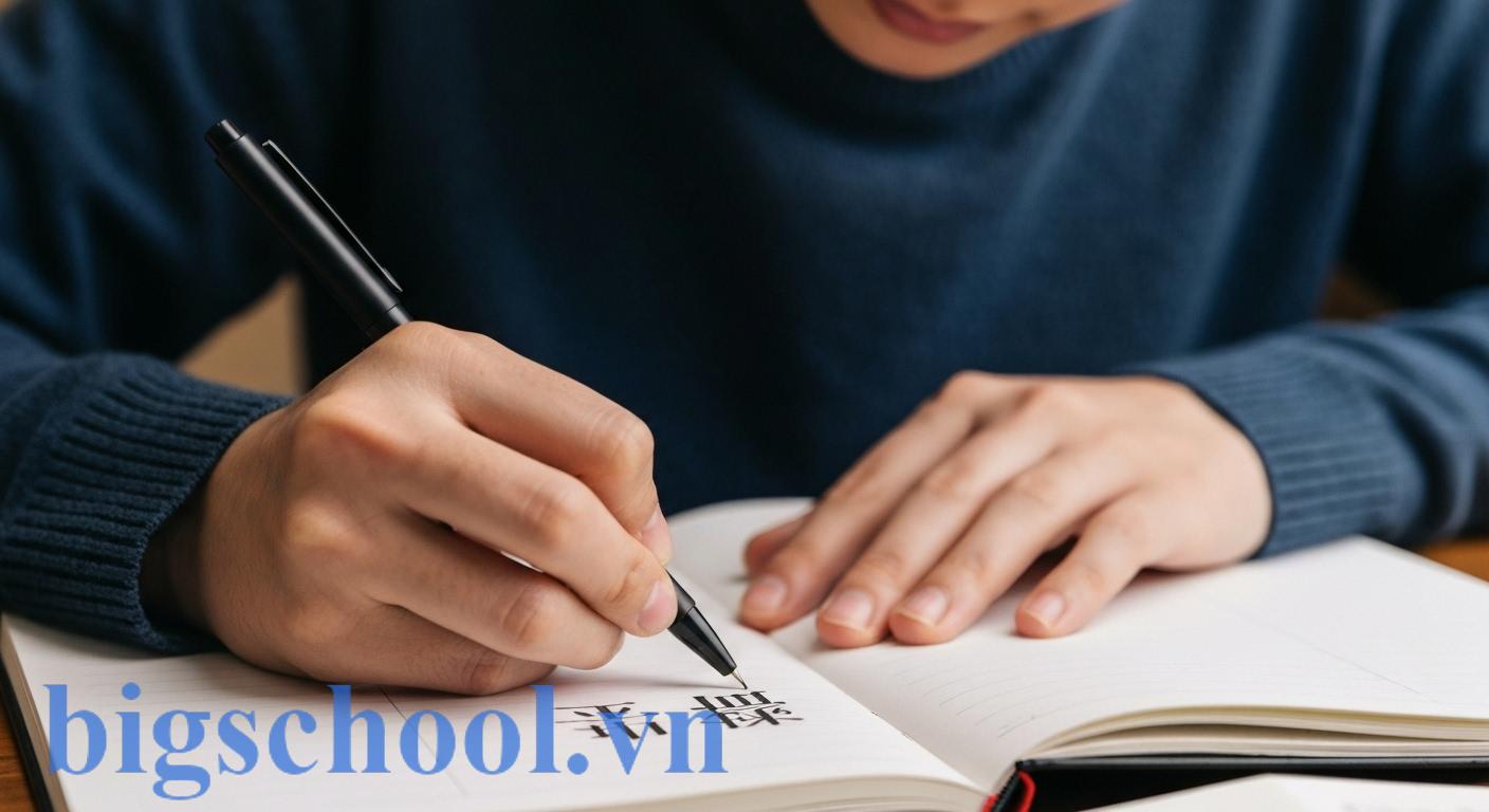 Người phụ nữ tự tin viết chữ 'kỹ càng', thể hiện sự chính xác trong tiếng Việt.