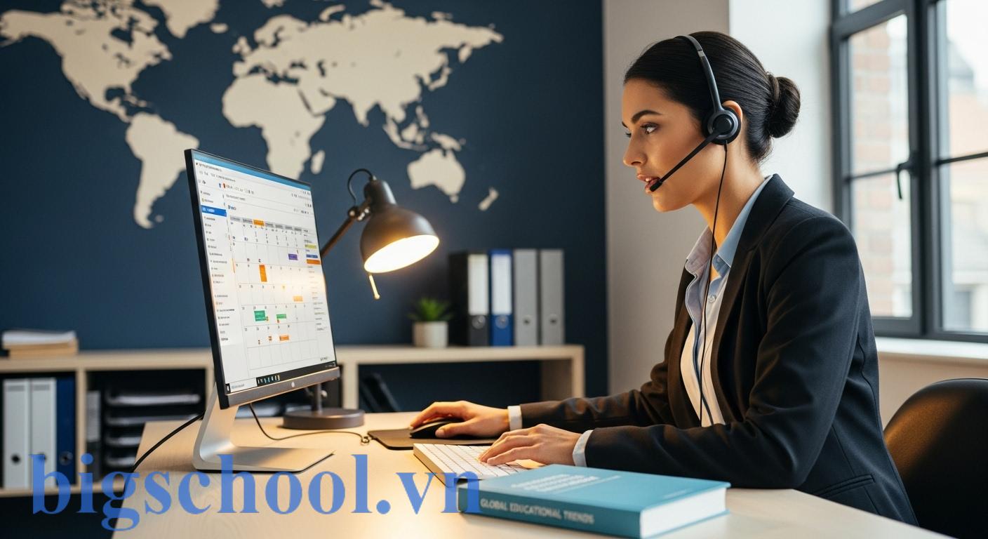 Nhân viên học vụ thể hiện kỹ năng giao tiếp, quản lý dữ liệu và sử dụng tiếng Anh trong công việc.