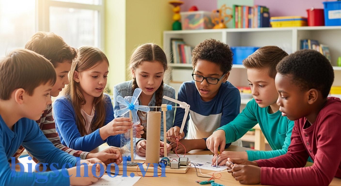 Nhóm học sinh đa dạng đang cùng nhau xây dựng một mô hình kỹ thuật trong lớp học giáo dục STEM.