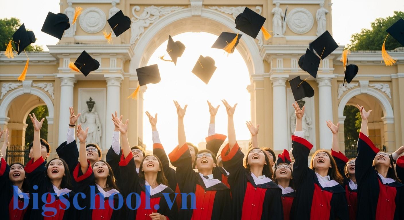 Nhóm sinh viên Việt Nam thành công trong ngày tốt nghiệp trước cổng một trường đại học uy tín.