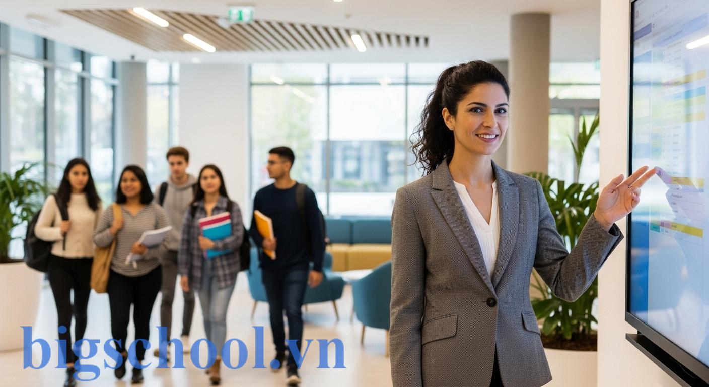 Nữ nhân viên học vụ đang điều phối hoạt động giáo dục một cách hiệu quả trong môi trường hiện đại.