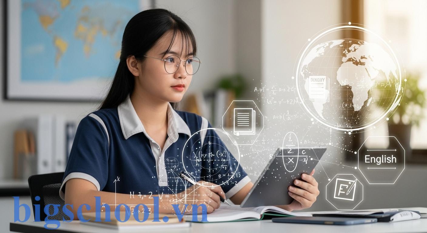 Nữ sinh viên Việt Nam đang ngồi suy nghĩ, thể hiện sự lựa chọn chiến lược giữa các khối thi đại học với các biểu tượng toán, lý, anh.