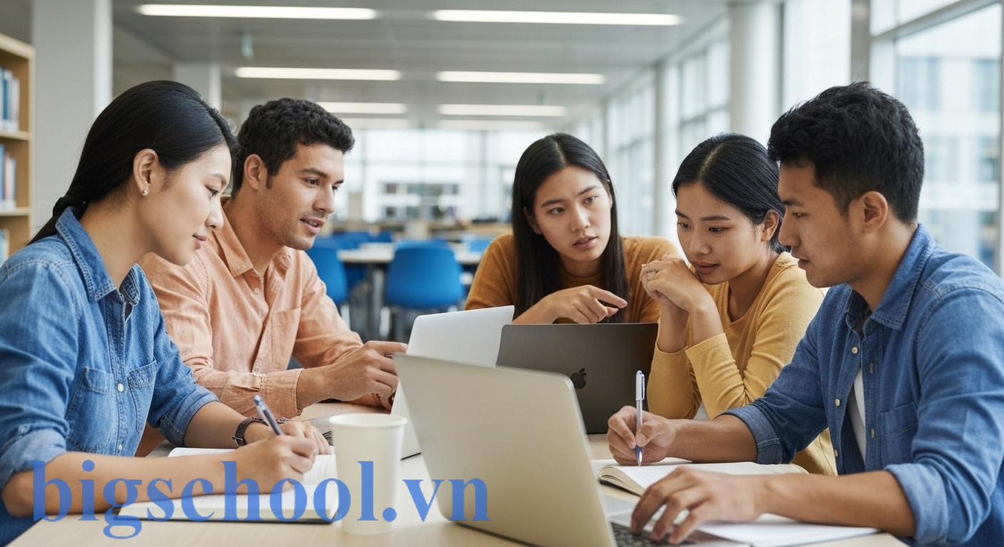 Sinh viên đại học tự học và thảo luận nhóm trong không gian mở hiện đại.