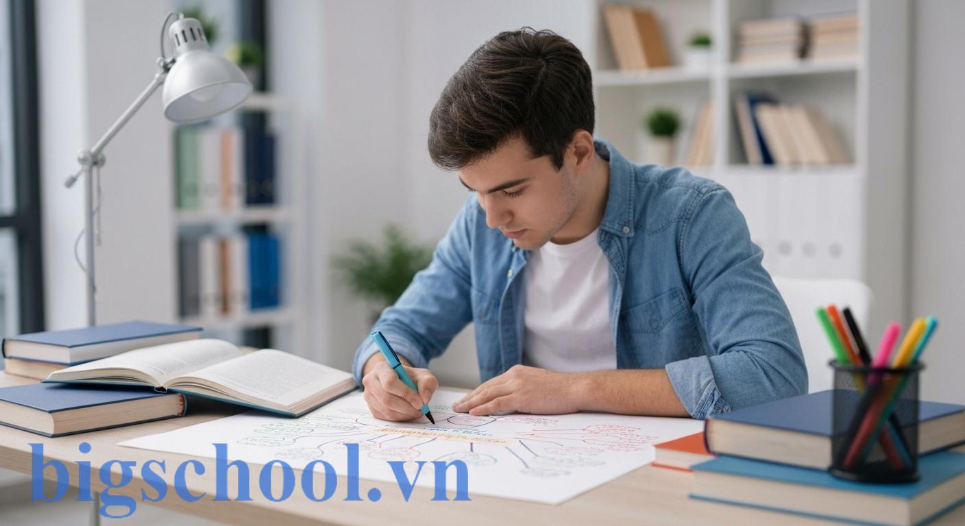 Sinh viên sử dụng sơ đồ tư duy để ôn tập kiến thức cho kỳ thi vấn đáp, thể hiện phương pháp học hiệu quả.