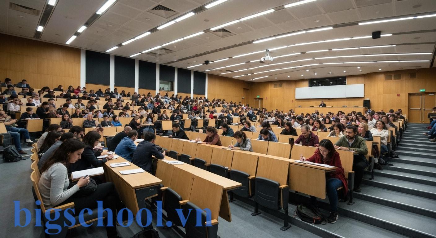 Sinh viên trong một giảng đường đại học rộng lớn, thể hiện quy mô và kiến trúc đặc trưng.