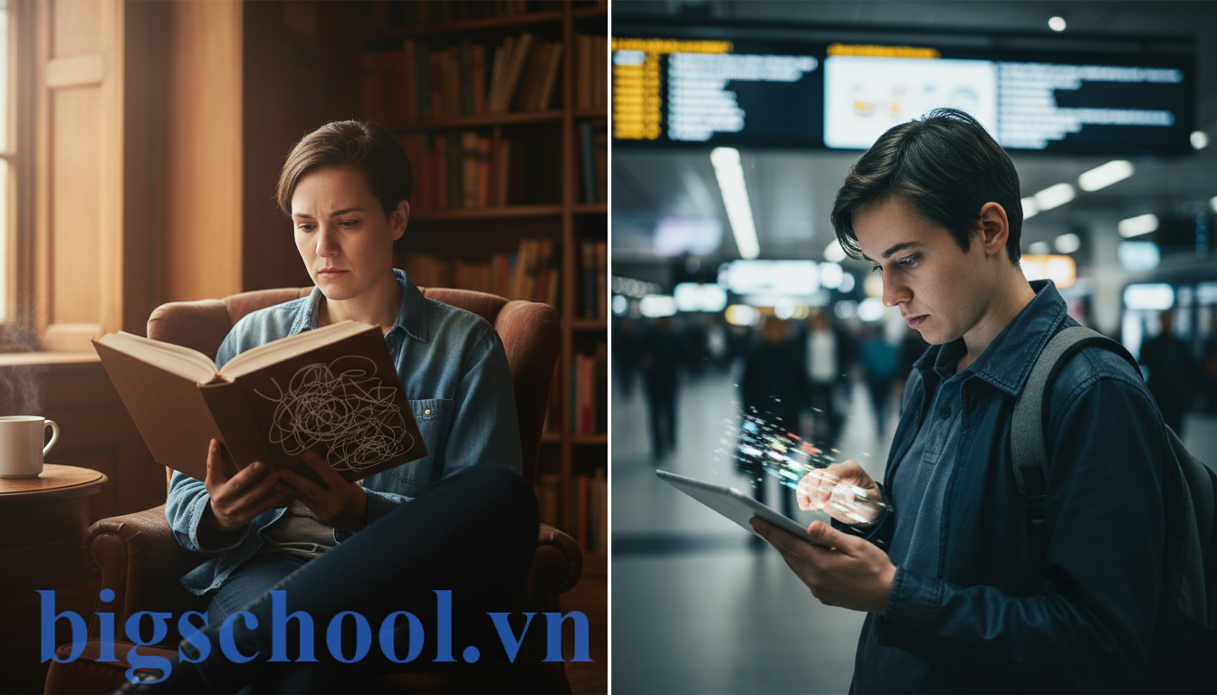 Văn hóa đọc là gì? 3 trụ cột kiến tạo năng lực tự học thời đại số 6 Sự đối lập giữa một người đang tập trung đọc một cuốn sách dày và một người lướt nhanh qua các tin tức trên điện thoại, minh họa sự khác biệt giữa đọc sâu và đọc lướt.